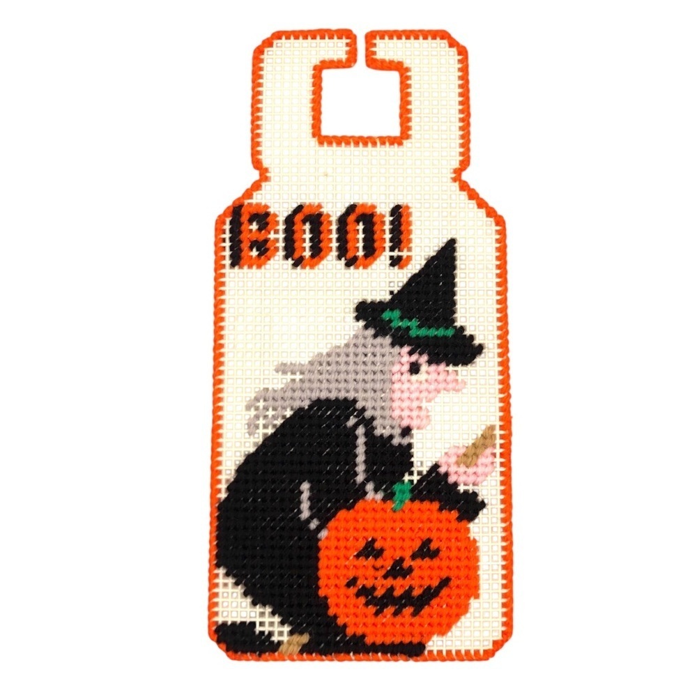 VINTAGE Halloween 80s 90s Lot of 2 Needlepoint Door Hanger Witch Pumpkin Ghost - Picture 2 of 7